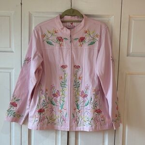 Quacker Factory Light Pink Embroidered Floral Jean Jacket